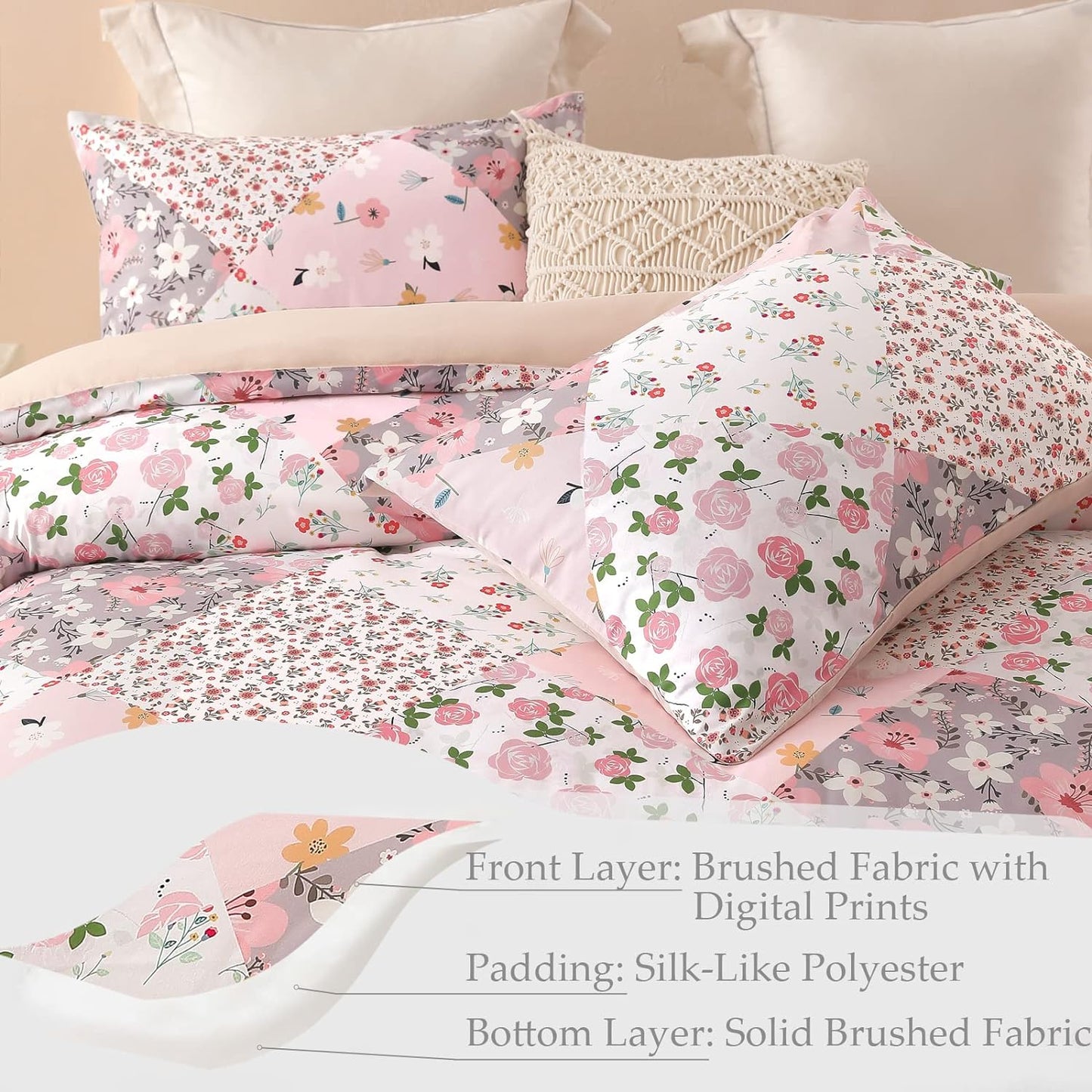 Pink Floral Patchwork 3 Piece Comforter Set