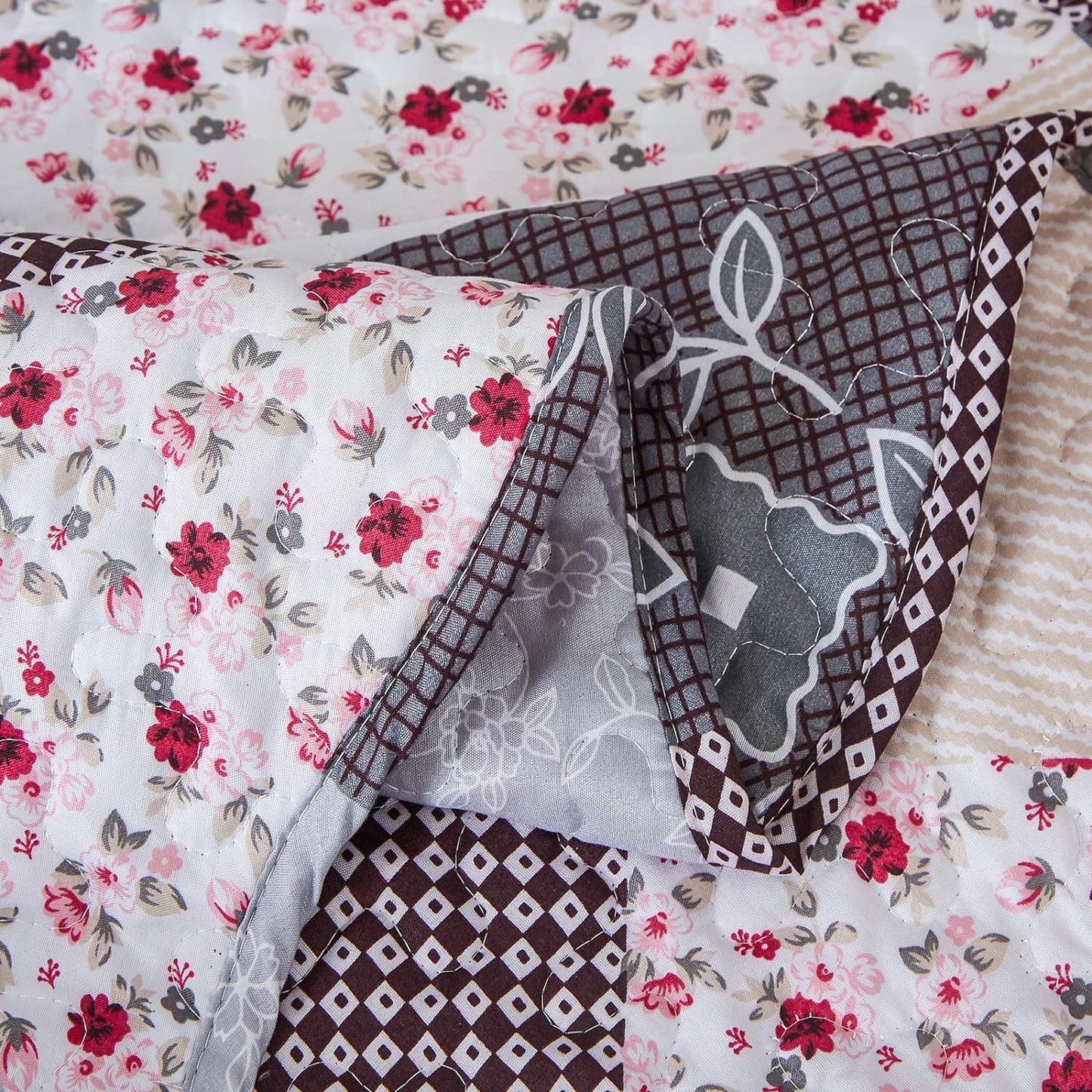 Pink Grey & Brown Floral Patchwork 3 Piece Bedding Quilt Set