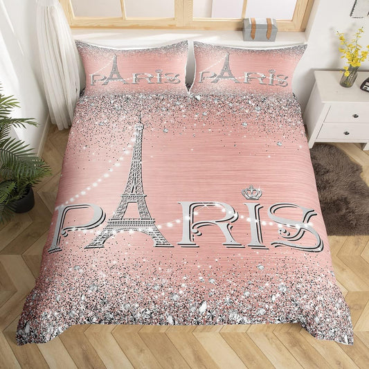 Pink & Silver Eiffel Tower 3 Piece Duvet Cover Set