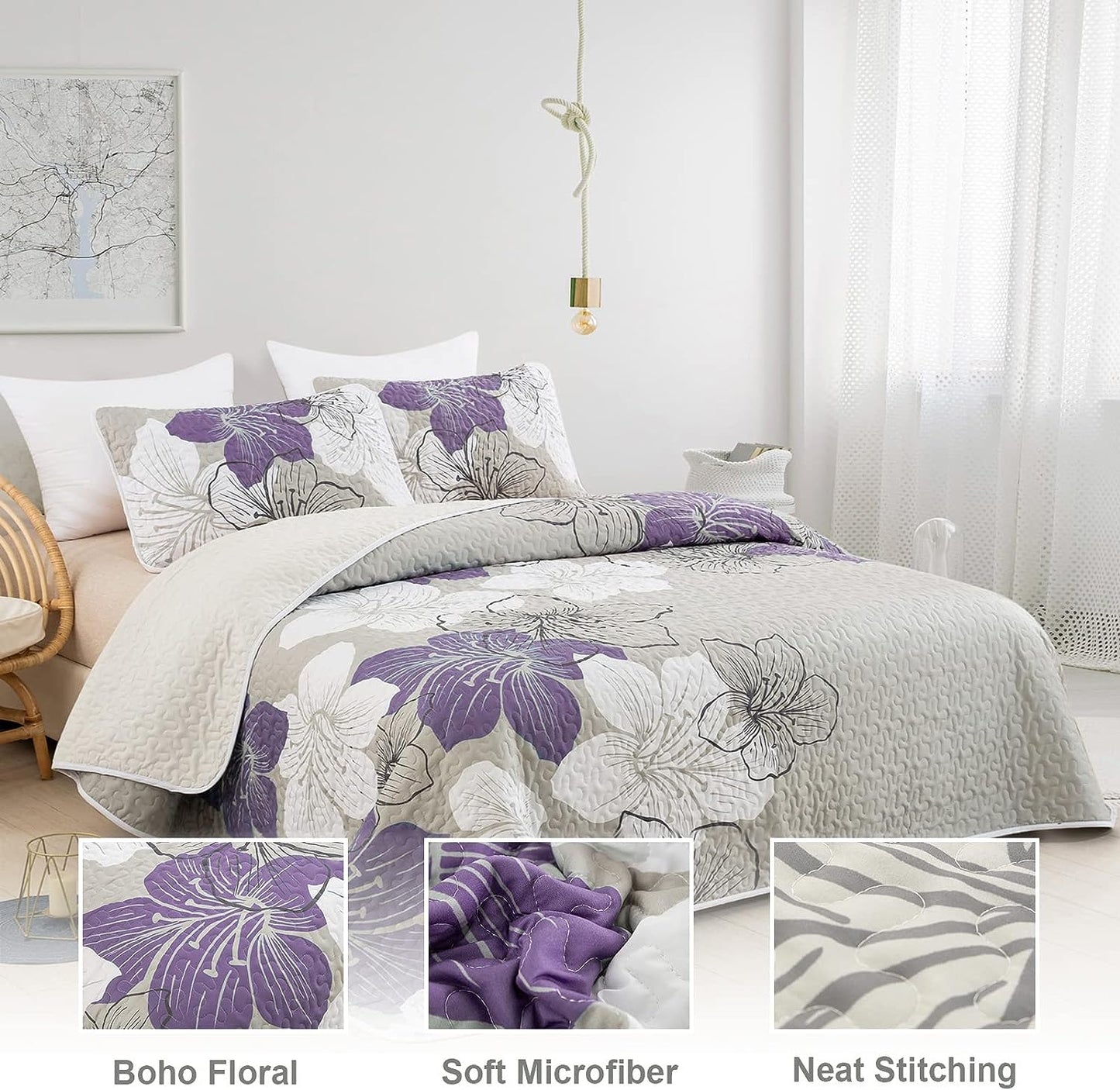 Purple Bohemian Floral 3 Piece Bedding Quilt Set
