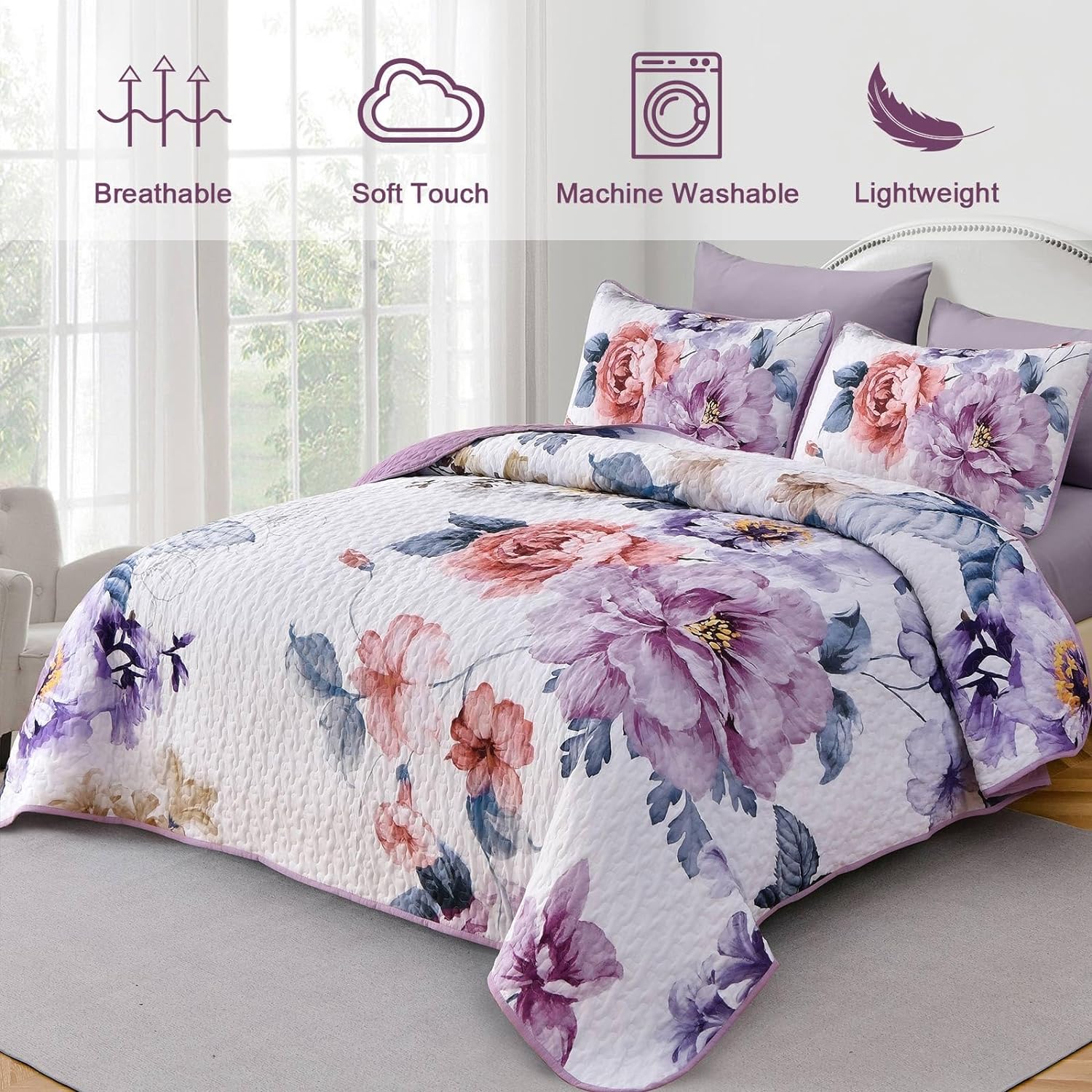 Emeraude 3 Piece Reversible Quilt Set Floral Print Cursive Script Design  Bedding Purple Queen, Queen - Foods Co.