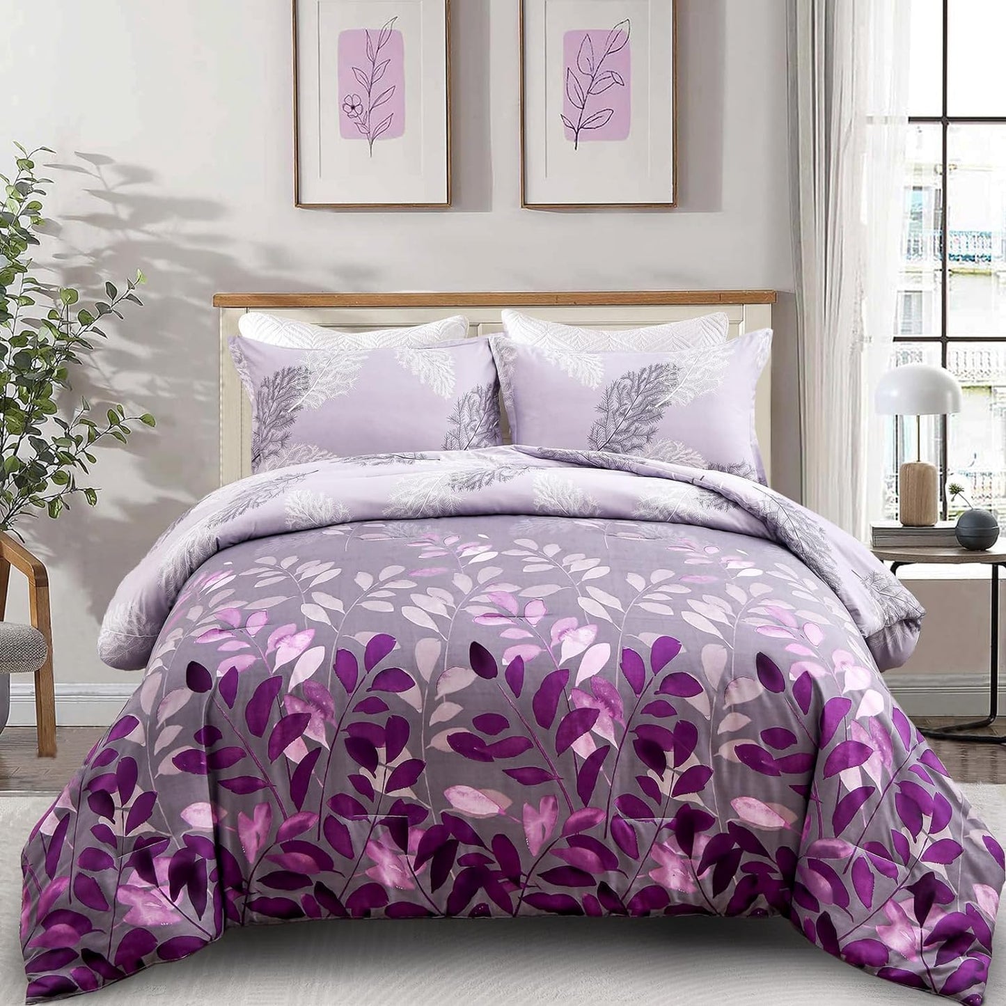 Botanical Purple Leaves 3 Piece Comforter Set