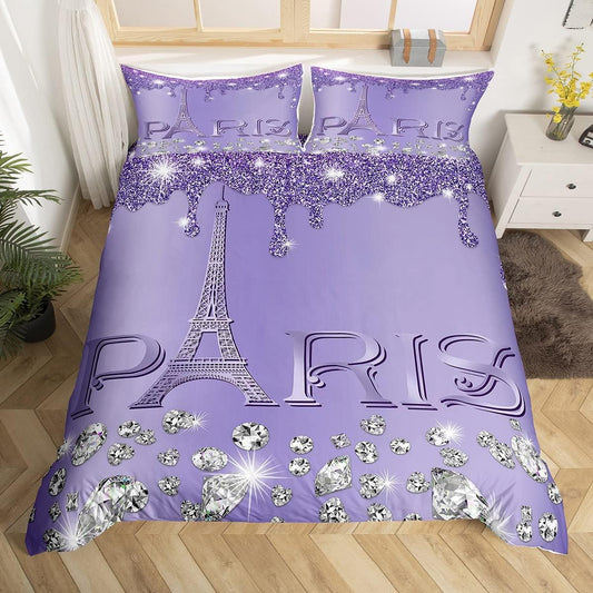 Purple & Silver Eiffel Tower 3 Piece Duvet Cover Set