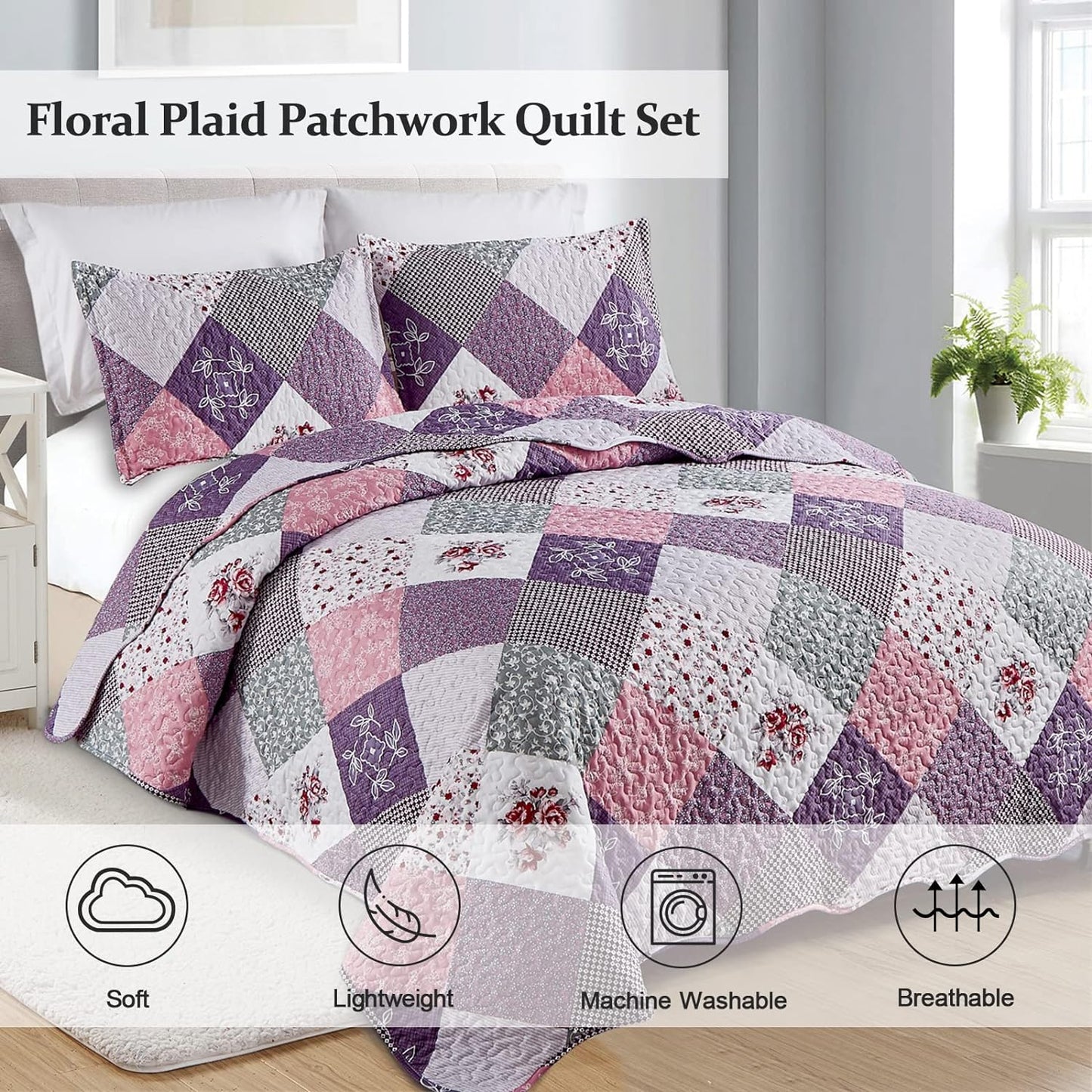Purple Floral Patchwork 3 Piece Bedding Quilt Set