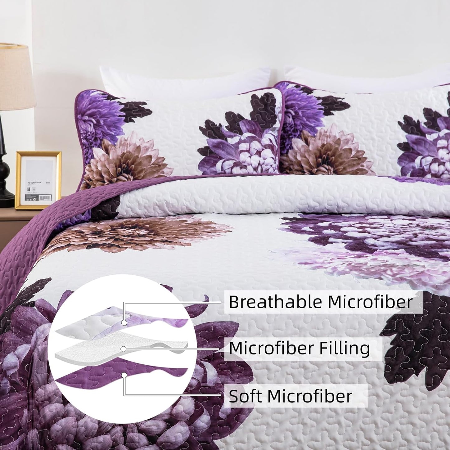 Bohemian Purple Floral Reversible 3 Piece Bedding Quilt Set