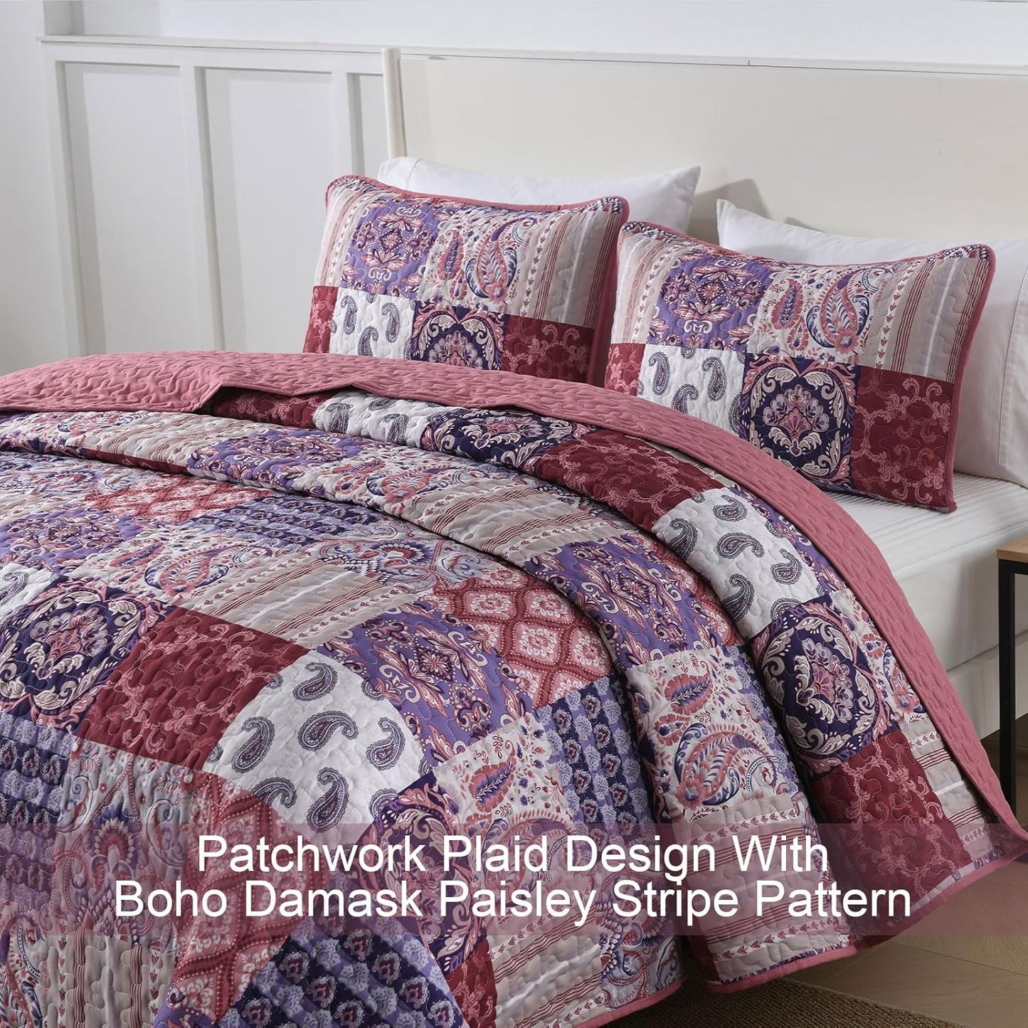 Rose Red Paisley Patchwork 3 Piece Quilt Set