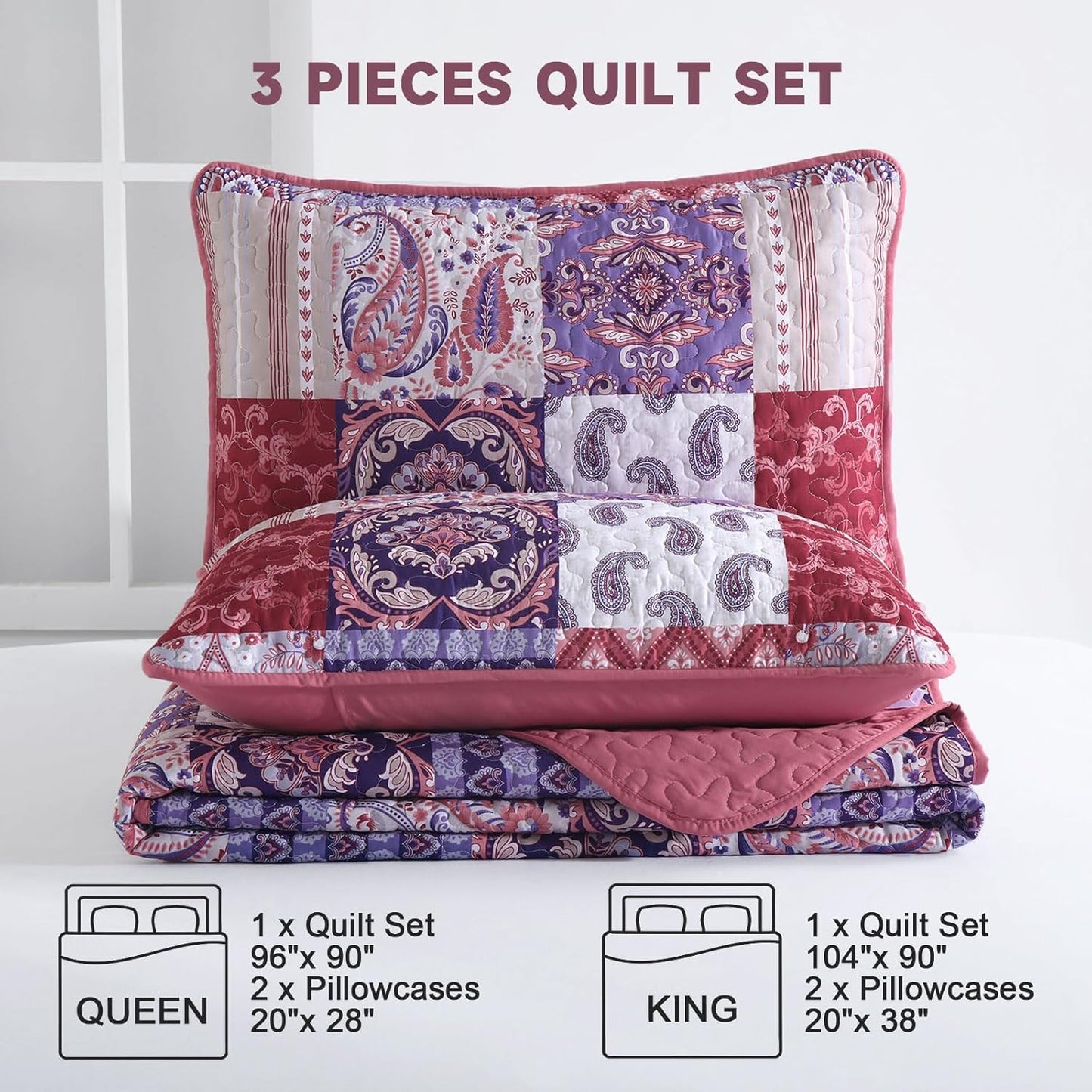 Rose Red Paisley Patchwork 3 Piece Quilt Set