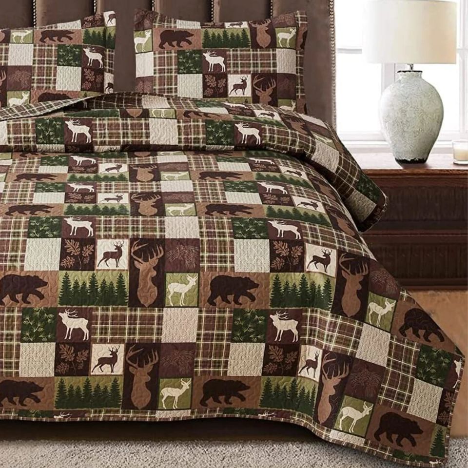 Forest Wildlife Brown & Green 3 Piece Bedspread Set