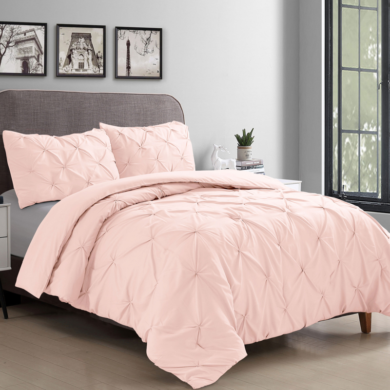 Blush Pink Pinch Pleated 3 Piece Bedding Comforter Set