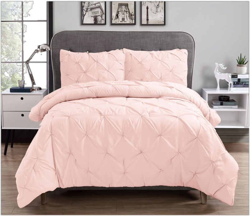 Blush Pink Pinch Pleated 3 Piece Bedding Comforter Set