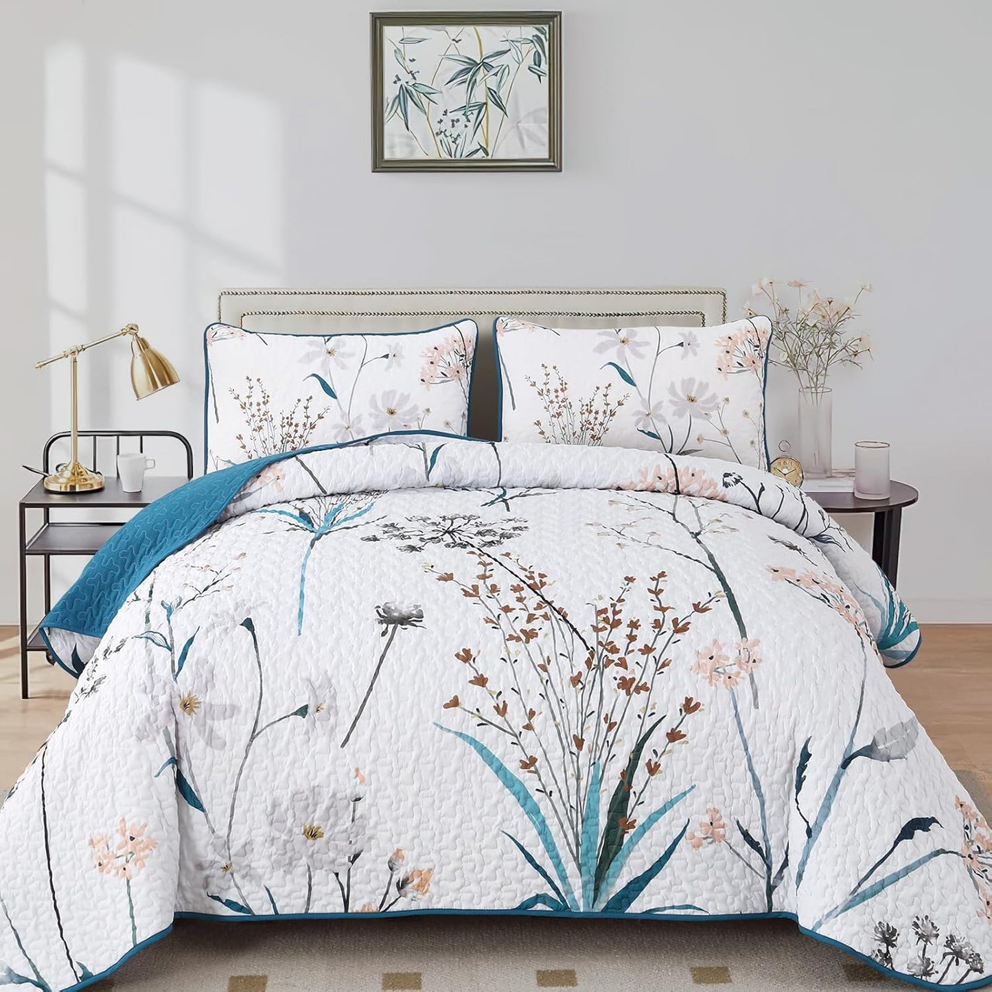 Ensemble de courtepointe réversible 3 pièces country rustique bleu et rose floral