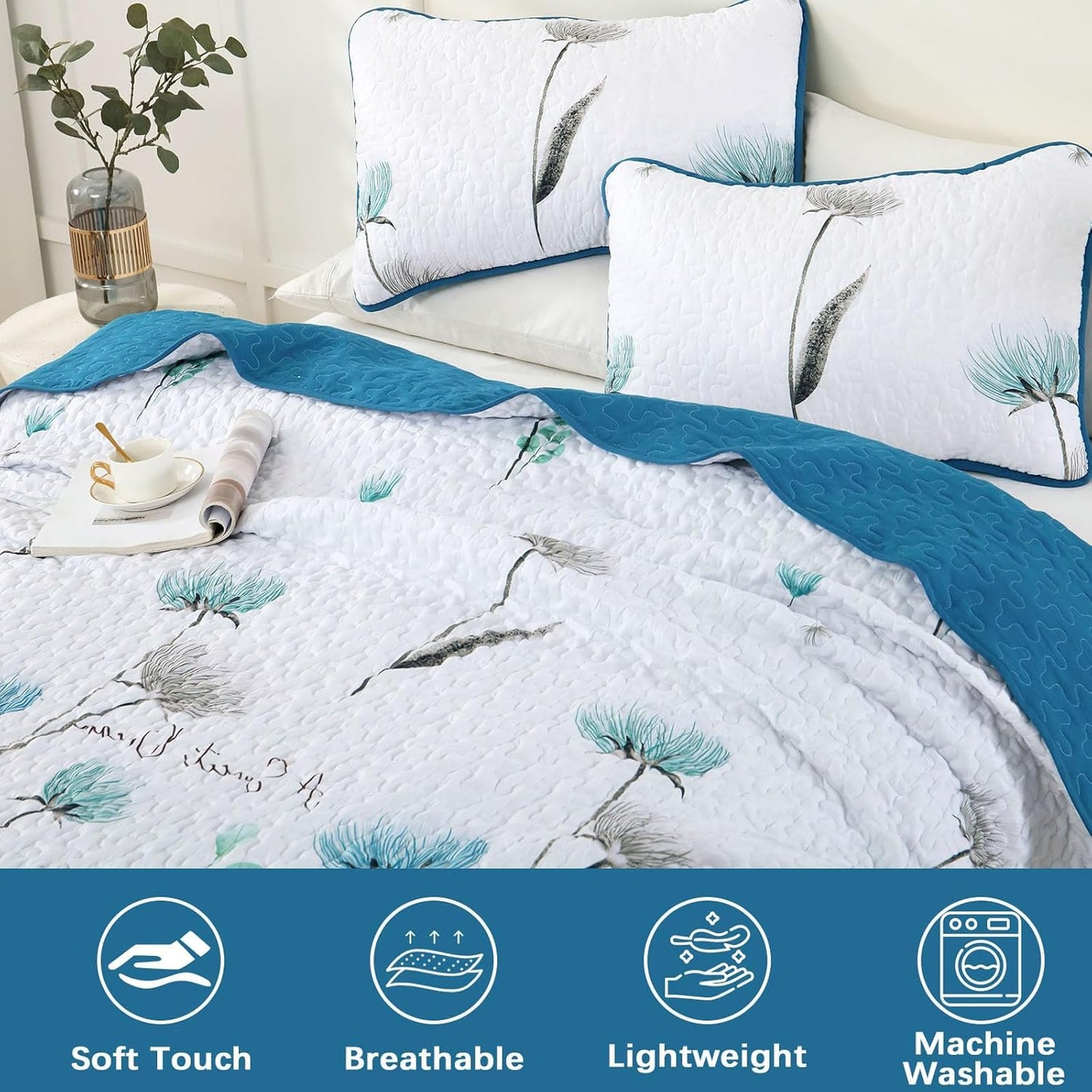 Blue & Teal Wild Flowers 3 Piece Bedding Quilt Set