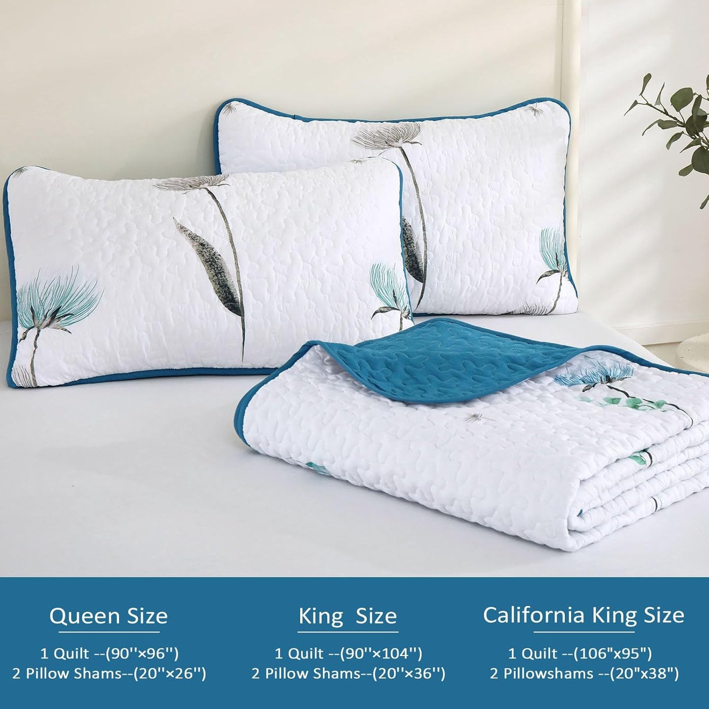 Blue & Teal Wild Flowers 3 Piece Bedding Quilt Set