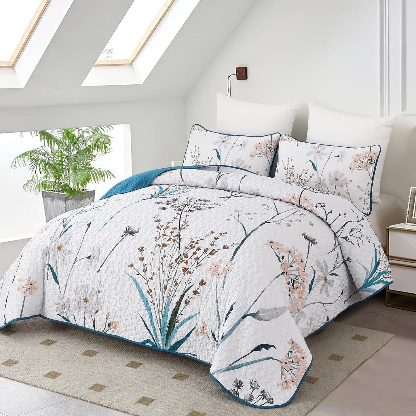 Ensemble de courtepointe réversible 3 pièces country rustique bleu et rose floral