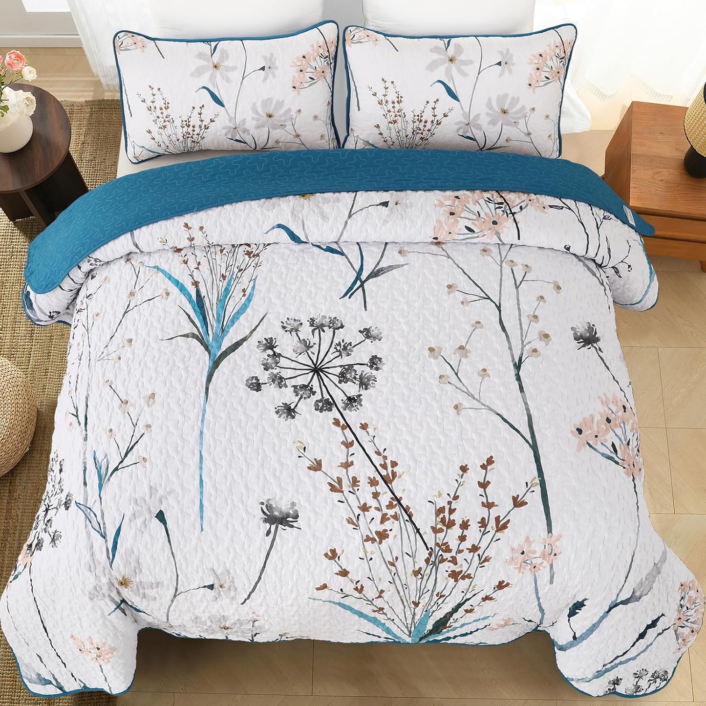 Ensemble de courtepointe réversible 3 pièces country rustique bleu et rose floral
