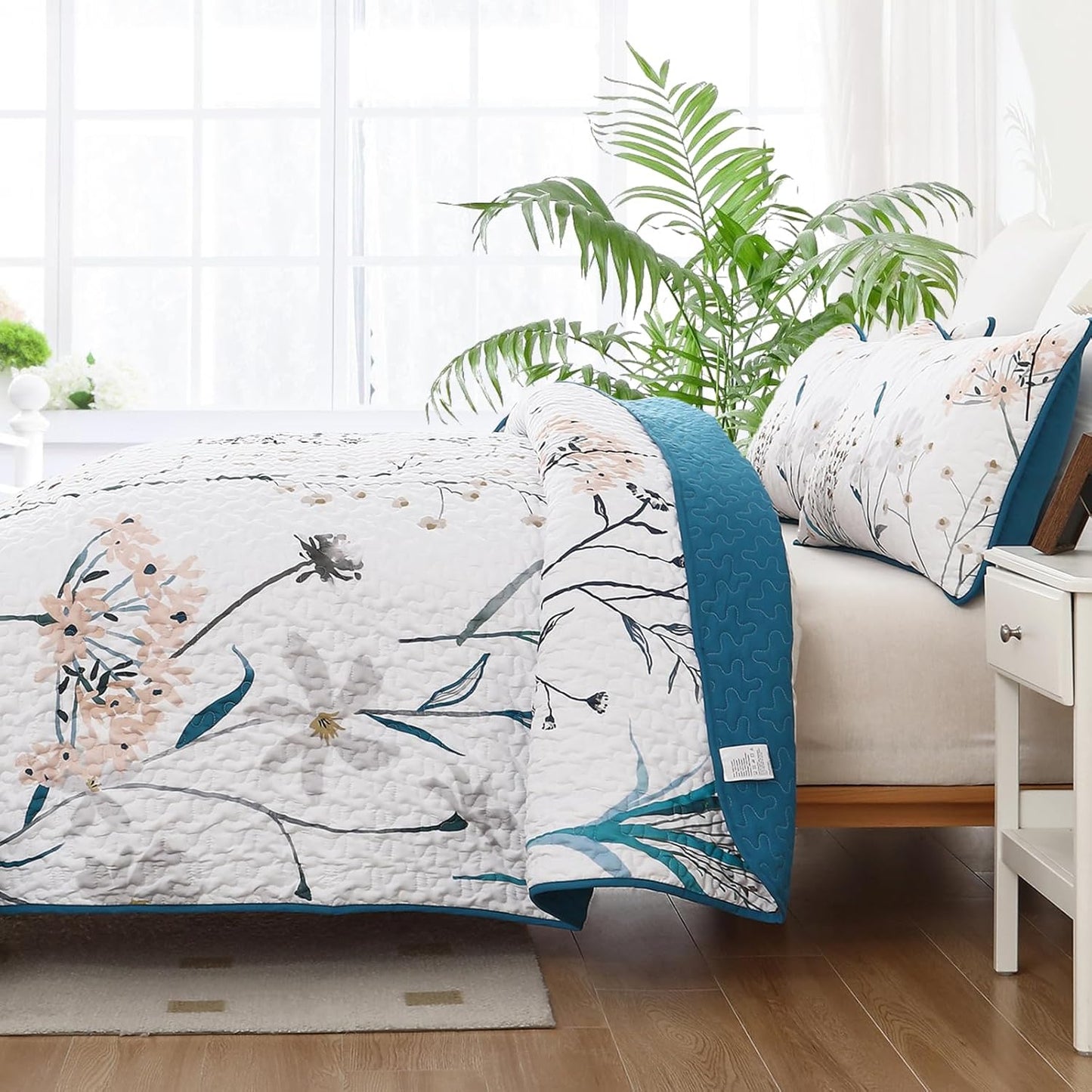 Ensemble de courtepointe réversible 3 pièces country rustique bleu et rose floral