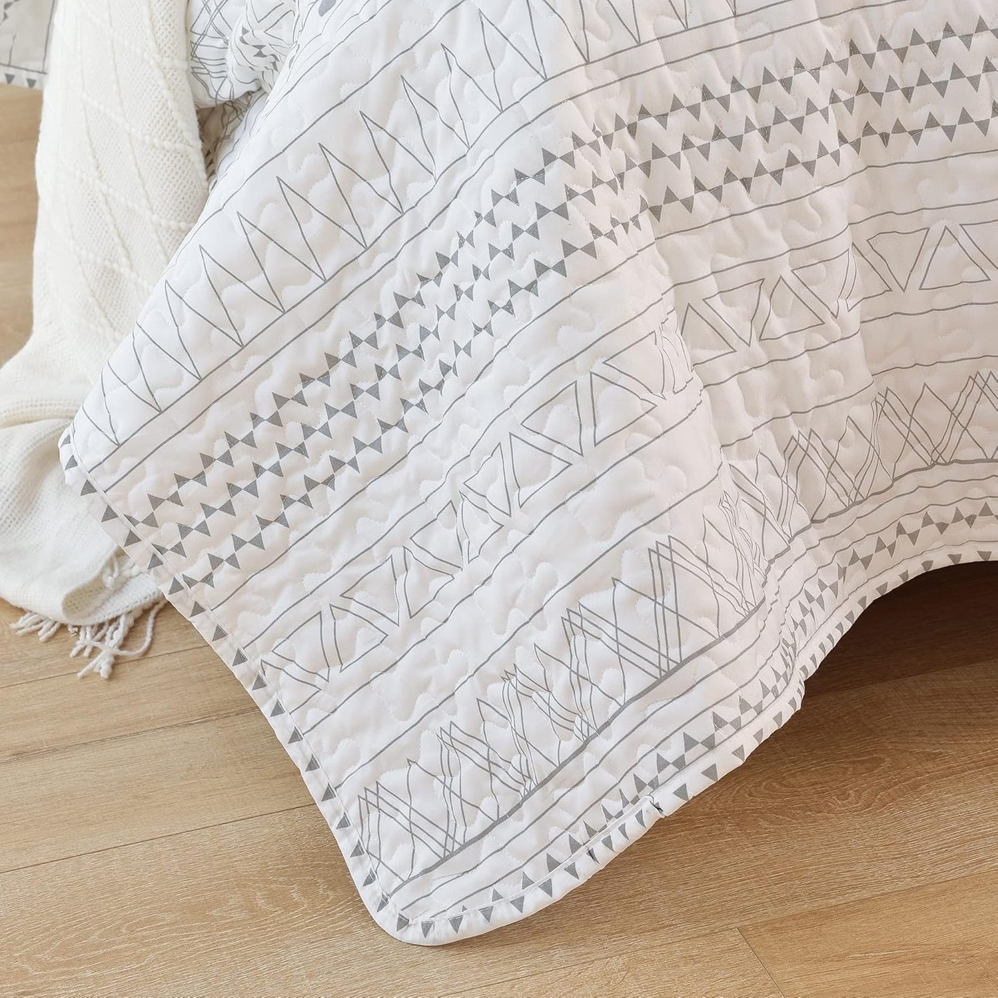 Ensemble de courtepointe réversible 3 pièces Boho Aztec blanc et gris