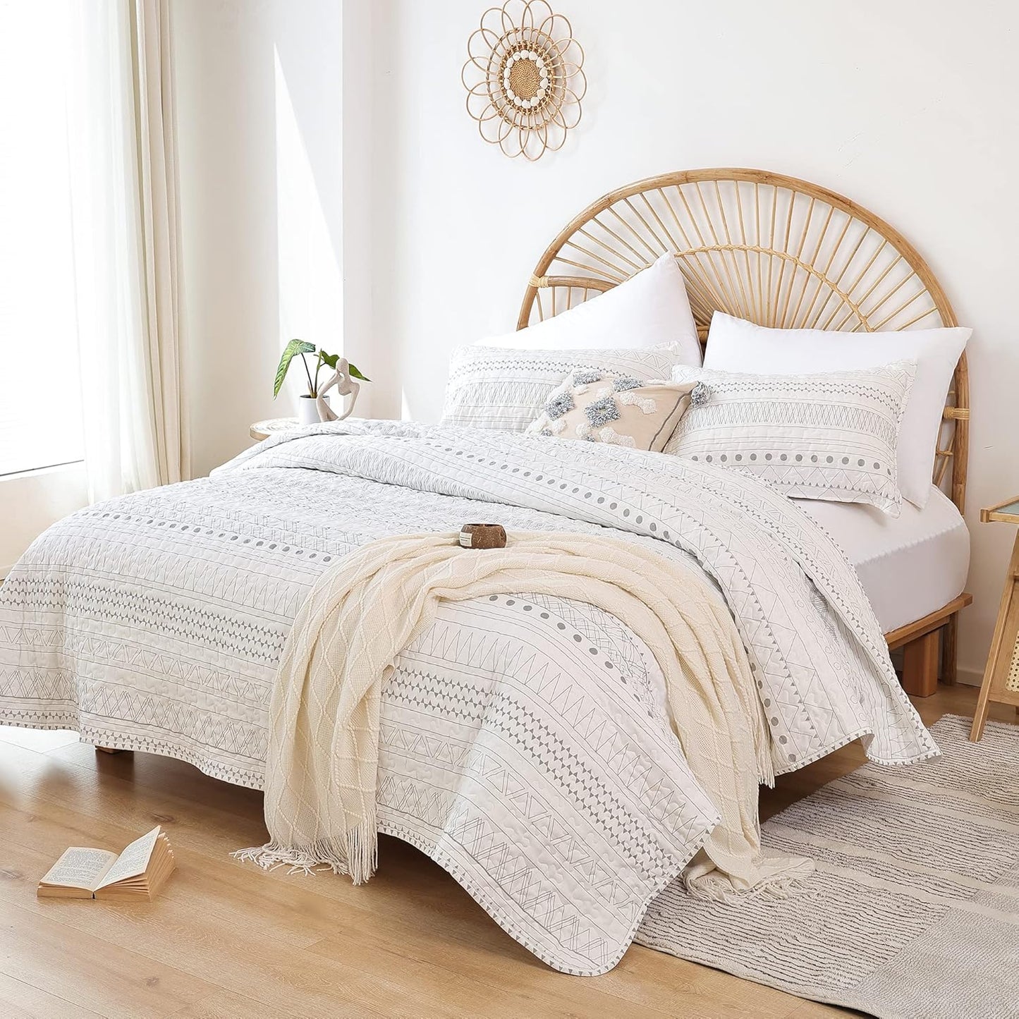 Ensemble de courtepointe réversible 3 pièces Boho Aztec blanc et gris