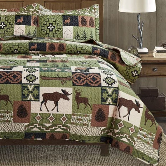 Lodge Moose & Deer Green-Brown 3 Piece Bedspread Set