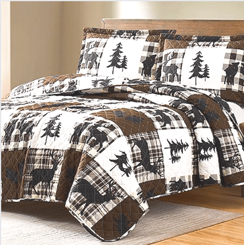 Brown & White Deer Patchwork 3 Piece Bedding Quilt Set