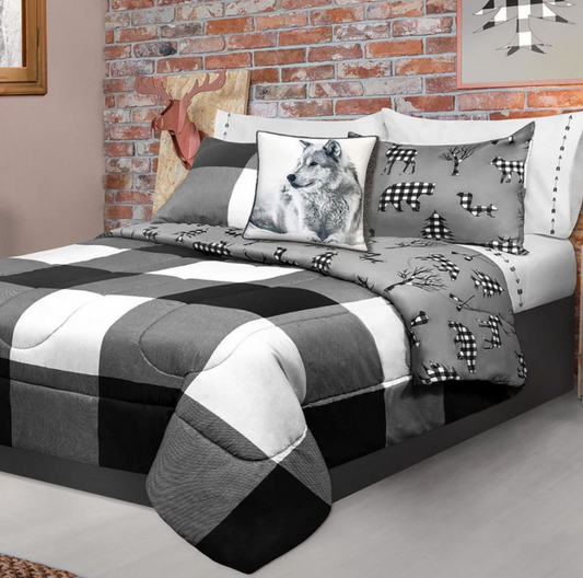 Black White Grey Buffalo Plaid 3 Piece Comforter Set