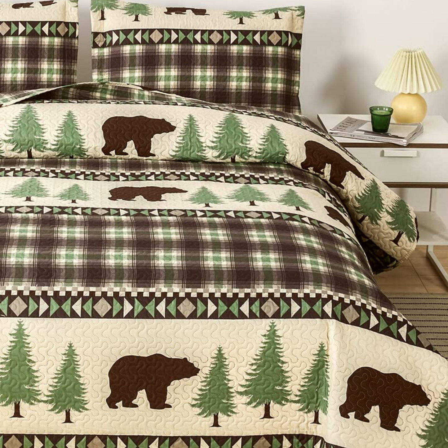 Ensemble de couvre-lit 3 pièces marron et vert Cabin Bear