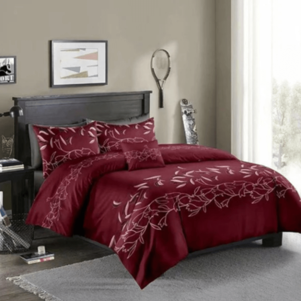 Wine Red Floral - 3 Piece Queen Duvet Cover Set