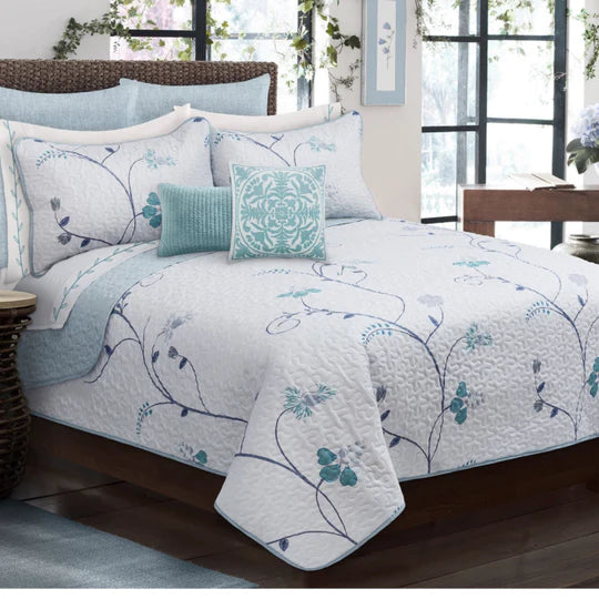 Blue & Teal Floral 3 Piece Bedding Quilt Set